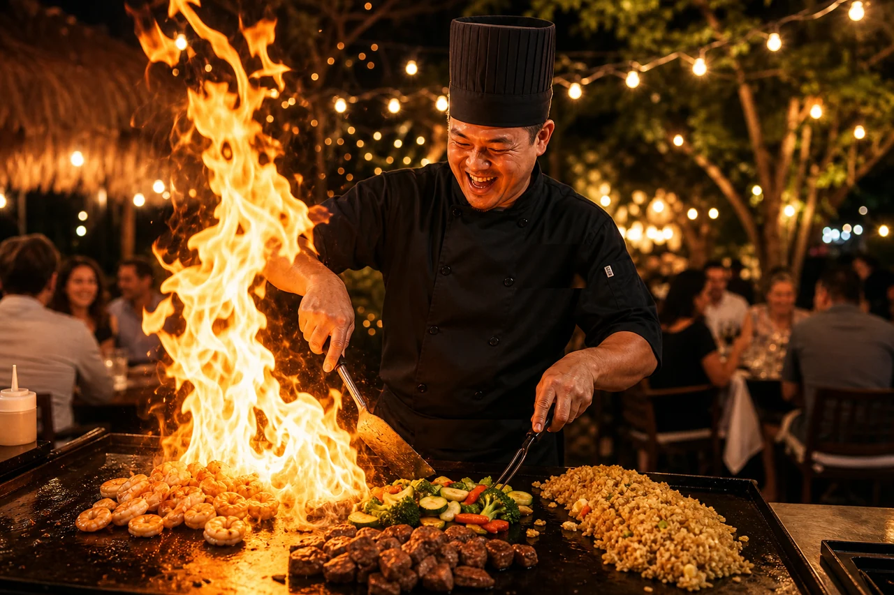 A chef sending a wall of flame off the griddle while guests watch from the table