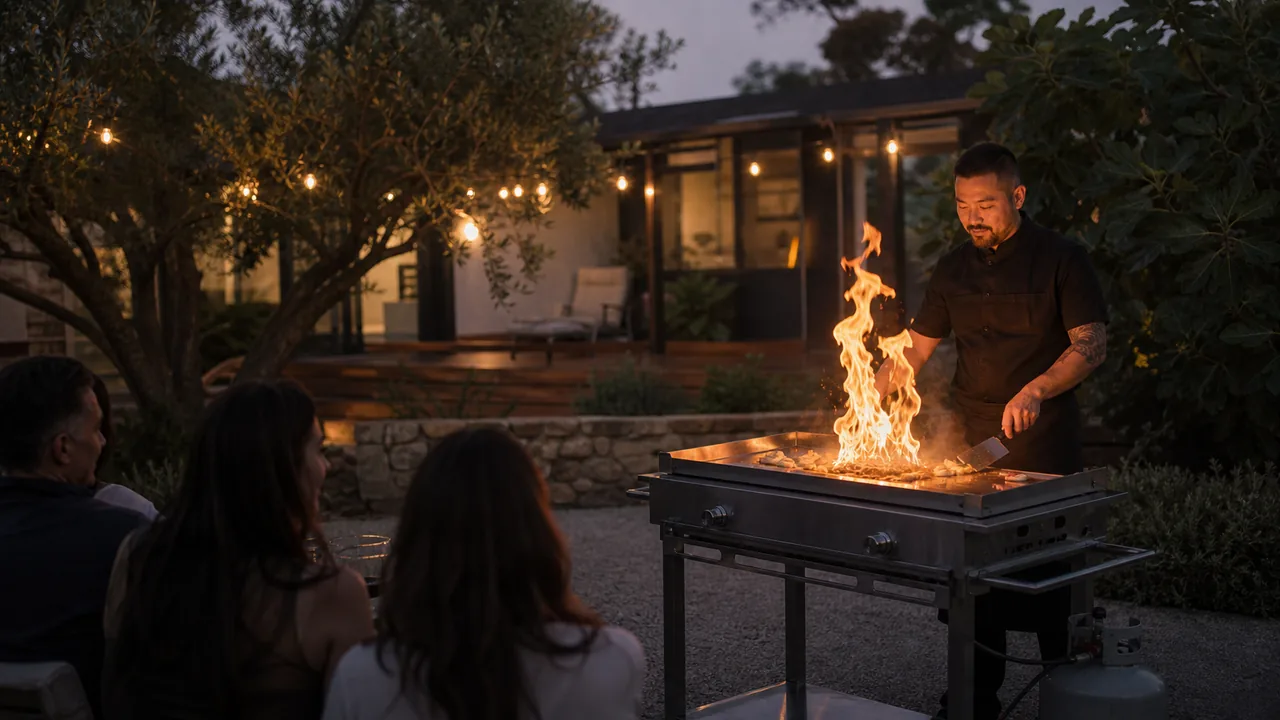 A chef sending a column of flame off the teppanyaki grill at dusk while three guests watch from the table