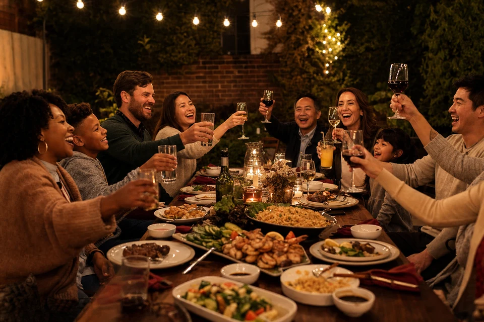 Guests of all ages raising their glasses around a backyard table under string lights