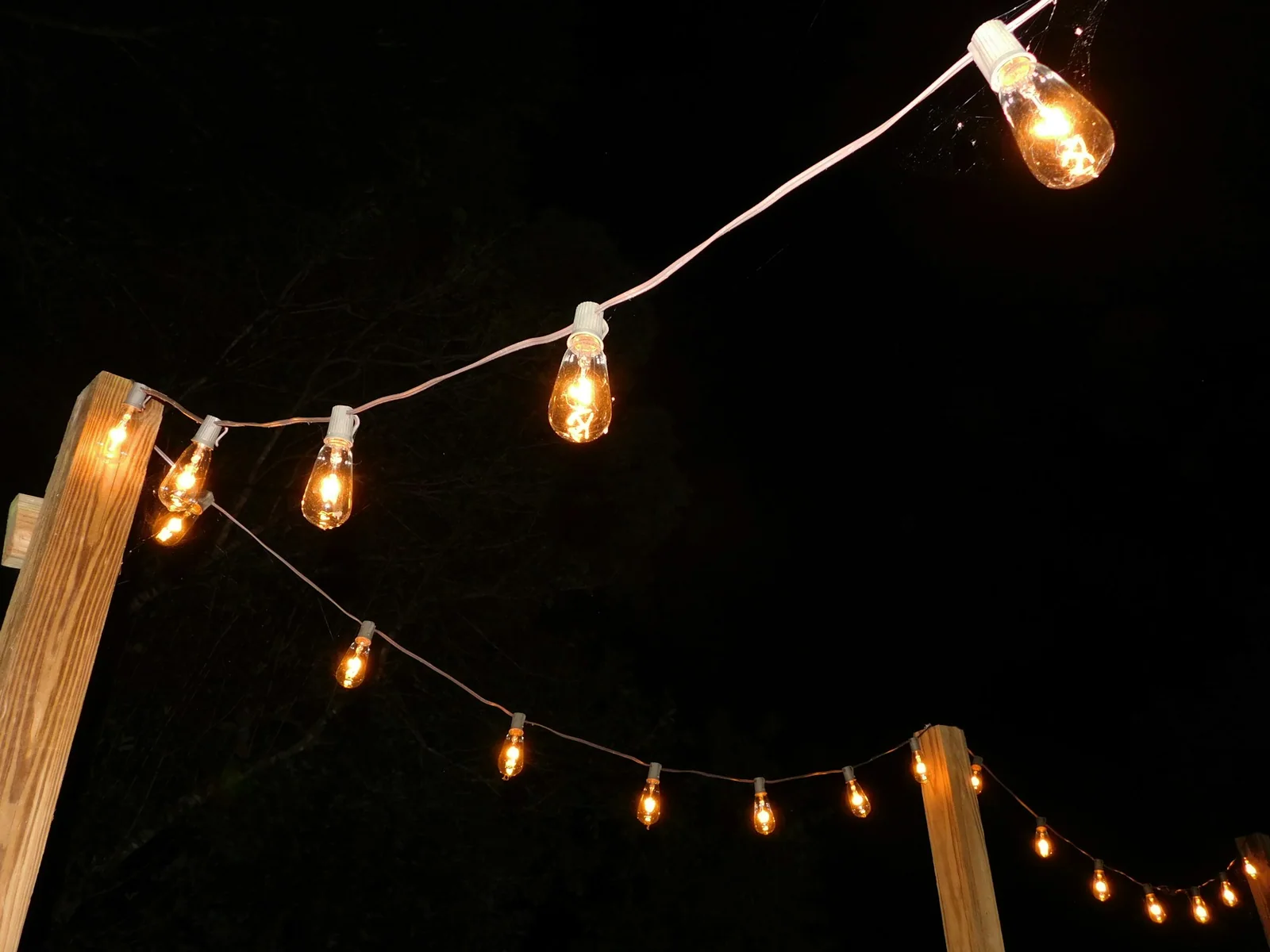 String lights strung from a wooden post glowing against a dusk sky